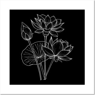 Lotus Blossoms Line Art Black Background Posters and Art